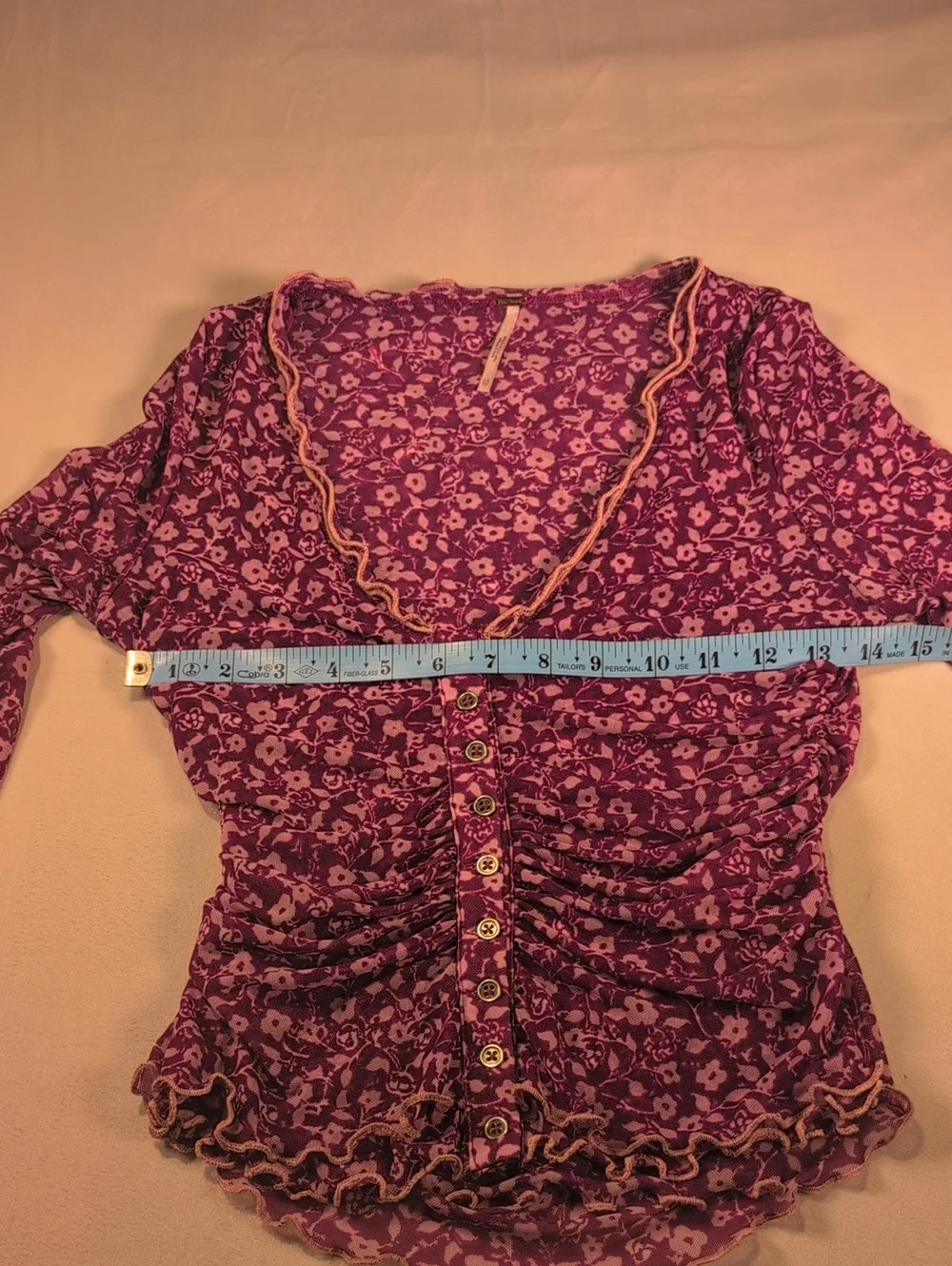 Free People Purple/Magenta Sheer Floral Button Front Ruched Tope Size XS